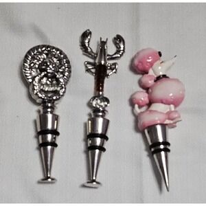 Mud Pie Shellfish, Lion, & Pink Poodle Stainless Bottle Toppers 6" Tall Lot Of 3